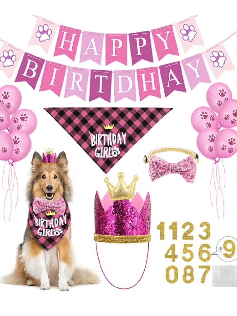 Dog Birthday Party Supplies Set Girl Pink Bandana Crown Banner Balloon Kit
